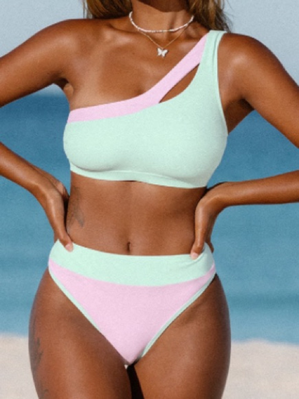 NEW-Cupshe Mint Green & Pastel Pink One-Shoulder High-Waist Bikini - XL